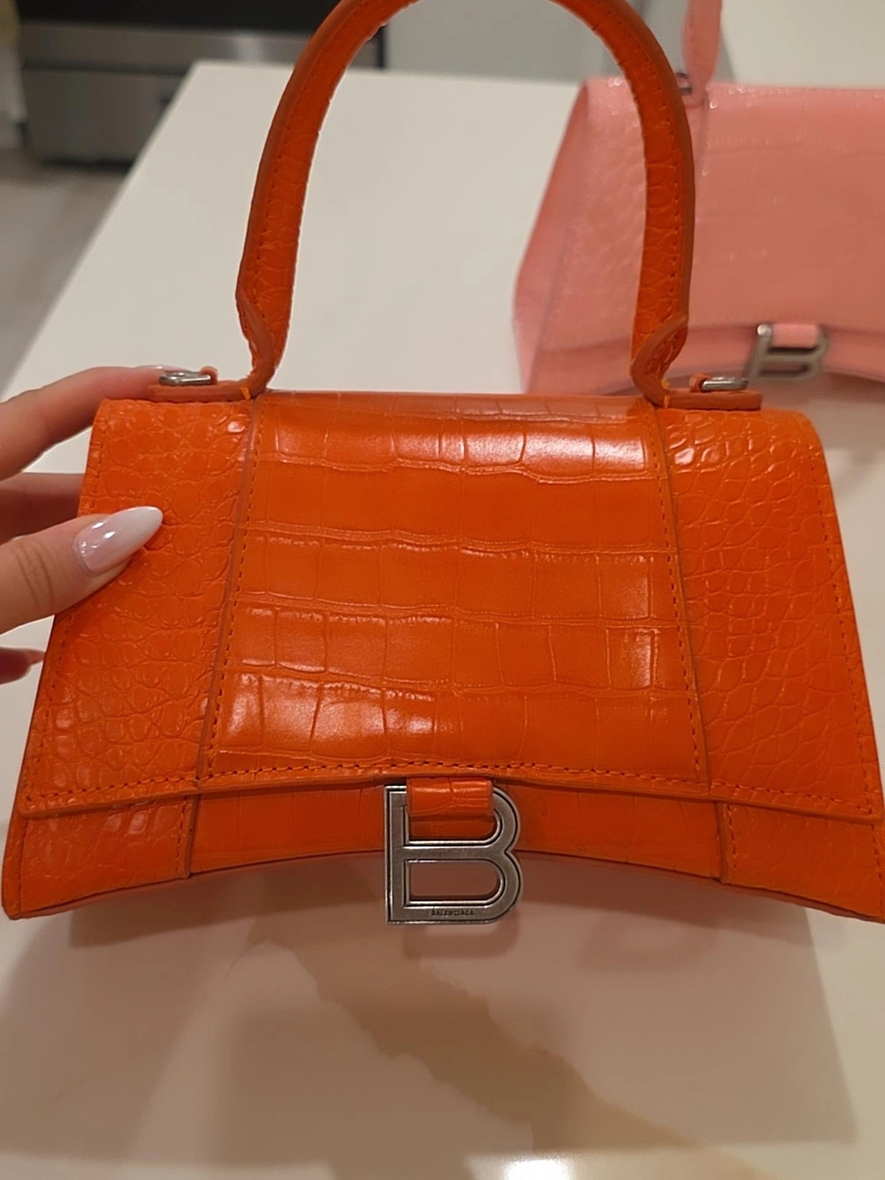 Orange Croc-Embossed Mini Top Handle Bag with Silver B Hardware